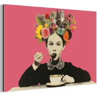 MuchoWow Aluminium schilderij 180x120 cm - Wanddecoratie metaal - Meisje - Kopje - Bloemen - Roze - Metalen muurdecoratie woonkamer - Decoratie industrieel - Foto op dibond - Industriële accessoires slaapkamer