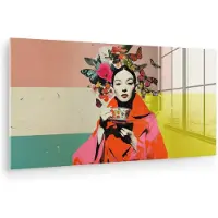 MuchoWow Glasschilderij 40x20 cm - Schilderij acrylglas - Retro - Vrouw - Kopje - Vlinders - Foto op glas - Muurdecoratie woonkamer - Wanddecoratie slaapkamer - Schilderijen