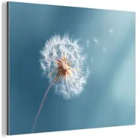 MuchoWow Aluminium schilderij 80x60 cm - Wanddecoratie metaal - Paardenbloem - Wind - Blauw - Metalen muurdecoratie woonkamer - Decoratie industrieel - Foto op dibond - Industriële accessoires slaapkamer