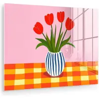MuchoWow Glasschilderij 160x120 cm - Schilderij acrylglas - Tulpen - Roze - Vaas - Foto op glas - Muurdecoratie woonkamer - Wanddecoratie slaapkamer - Schilderijen