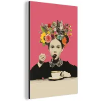 MuchoWow Aluminium schilderij 80x120 cm - Wanddecoratie metaal - Meisje - Kopje - Bloemen - Roze - Metalen muurdecoratie woonkamer - Decoratie industrieel - Foto op dibond - Industriële accessoires slaapkamer