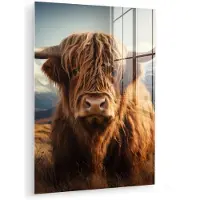 MuchoWow Glasschilderij 60x80 cm - Schilderij acrylglas - Schotse hooglander - Hoorns - Bergen - Landschap - Foto op glas - Muurdecoratie woonkamer - Wanddecoratie slaapkamer - Schilderijen