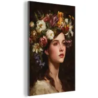 MuchoWow Aluminium schilderij 80x120 cm - Wanddecoratie metaal - Portret - Vrouw - Bloemen - Metalen muurdecoratie woonkamer - Decoratie industrieel - Foto op dibond - Industriële accessoires slaapkamer