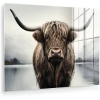 MuchoWow Glasschilderij 120x90 cm - Schilderij acrylglas - Schotse hooglander - Water - Nat - Foto op glas - Muurdecoratie woonkamer - Wanddecoratie slaapkamer - Schilderijen