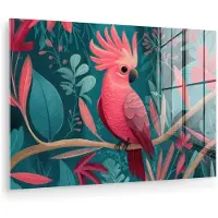 MuchoWow Glasschilderij 90x60 cm - Schilderij acrylglas - Kaketoe - Tropische bladeren - Tak - Foto op glas - Muurdecoratie woonkamer - Wanddecoratie slaapkamer - Schilderijen