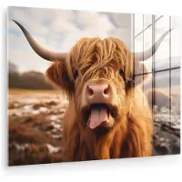 MuchoWow Glasschilderij 120x90 cm - Schilderij acrylglas - Schotse hooglander - Tong - Hoorns - Foto op glas - Muurdecoratie woonkamer - Wanddecoratie slaapkamer - Schilderijen
