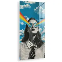 MuchoWow Glasschilderij 80x160 cm - Schilderij acrylglas - Vrouw - Bril - Regenboog - Wolken - Foto op glas - Muurdecoratie woonkamer - Wanddecoratie slaapkamer - Schilderijen