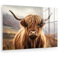 MuchoWow Glasschilderij 150x100 cm - Schilderij acrylglas - Schotse hooglander - Landschap - Dier - Foto op glas - Muurdecoratie woonkamer - Wanddecoratie slaapkamer - Schilderijen
