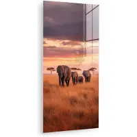 MuchoWow Glasschilderij 60x120 cm - Schilderij acrylglas - Groep olifanten - Open vlakte - Zon - Foto op glas - Muurdecoratie woonkamer - Wanddecoratie slaapkamer - Schilderijen