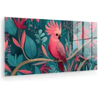 MuchoWow Glasschilderij 80x40 cm - Schilderij acrylglas - Kaketoe - Tropische bladeren - Tak - Foto op glas - Muurdecoratie woonkamer - Wanddecoratie slaapkamer - Schilderijen