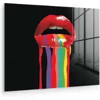 MuchoWow Glasschilderij 40x30 cm - Schilderij acrylglas - Lippen - Kleuren - Zwart - Foto op glas - Muurdecoratie woonkamer - Wanddecoratie slaapkamer - Schilderijen