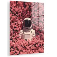 MuchoWow Glasschilderij 60x80 cm - Schilderij acrylglas - Bloemen - Roze - Astronaut - Foto op glas - Muurdecoratie woonkamer - Wanddecoratie slaapkamer - Schilderijen