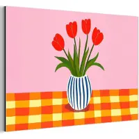MuchoWow Aluminium schilderij 90x60 cm - Wanddecoratie metaal - Tulpen - Roze - Vaas - Metalen muurdecoratie woonkamer - Decoratie industrieel - Foto op dibond - Industriële accessoires slaapkamer