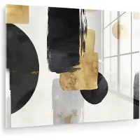 MuchoWow Glasschilderij 80x60 cm - Schilderij acrylglas - Goud - Rechthoeken - Cirkels - Abstract - Foto op glas - Muurdecoratie woonkamer - Wanddecoratie slaapkamer - Schilderijen