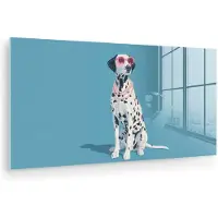 MuchoWow Glasschilderij 160x80 cm - Schilderij acrylglas - Dalmatiër - Zonnebril - Blauw - Foto op glas - Muurdecoratie woonkamer - Wanddecoratie slaapkamer - Schilderijen