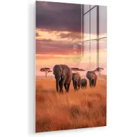 MuchoWow Glasschilderij 100x150 cm - Schilderij acrylglas - Groep olifanten - Open vlakte - Zon - Foto op glas - Muurdecoratie woonkamer - Wanddecoratie slaapkamer - Schilderijen