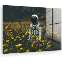 MuchoWow Glasschilderij 30x20 cm - Schilderij acrylglas - Astronaut - Bloemen - Veld - Geel - Foto op glas - Muurdecoratie woonkamer - Wanddecoratie slaapkamer - Schilderijen