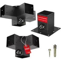 Sotech bouwset 12-delig (4x hoekverbinders + 2x middenverbinders + 6x grondhulzen) vierkant 100 x 100 mm staal verzinkt en zwart gepoedercoat voor maximale corrosiebescherming