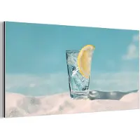 MuchoWow Aluminium schilderij 40x20 cm - Wanddecoratie metaal - Glas - ijsblokjes - Citroen - Metalen muurdecoratie woonkamer - Decoratie industrieel - Foto op dibond - Industriële accessoires slaapkamer
