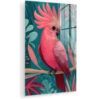 MuchoWow Glasschilderij 60x90 cm - Schilderij acrylglas - Kaketoe - Tropische bladeren - Tak - Foto op glas - Muurdecoratie woonkamer - Wanddecoratie slaapkamer - Schilderijen