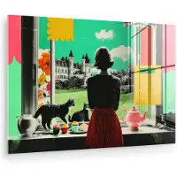 MuchoWow Glasschilderij 150x100 cm - Schilderij acrylglas - Vrouw - Keuken - Katten - Doorkijk - Foto op glas - Muurdecoratie woonkamer - Wanddecoratie slaapkamer - Schilderijen