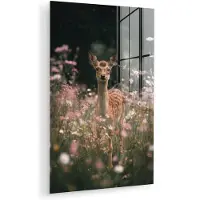 MuchoWow Glasschilderij 120x180 cm - Schilderij acrylglas - Hert - Wilde bloemen - Bos - Foto op glas - Muurdecoratie woonkamer - Wanddecoratie slaapkamer - Schilderijen