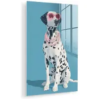 MuchoWow Glasschilderij 40x60 cm - Schilderij acrylglas - Dalmatiër - Zonnebril - Blauw - Foto op glas - Muurdecoratie woonkamer - Wanddecoratie slaapkamer - Schilderijen