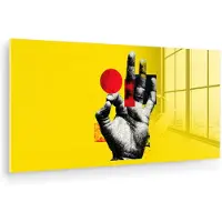MuchoWow Glasschilderij 160x80 cm - Schilderij acrylglas - Hand - Rode cirkel - Geel - Foto op glas - Muurdecoratie woonkamer - Wanddecoratie slaapkamer - Schilderijen