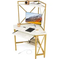Costway Bureau met laadstation, hoekcomputertafel met toetsenbordplank en 2 planken, metalen frame, werktafel voor thuiskantoor, 80 x 80 x 145 cm