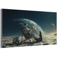 MuchoWow Aluminium schilderij 120x60 cm - Wanddecoratie metaal - Astronaut - Kat - Glas - Stoel - Metalen muurdecoratie woonkamer - Decoratie industrieel - Foto op dibond - Industriële accessoires slaapkamer