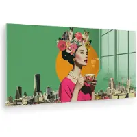MuchoWow Glasschilderij 120x60 cm - Schilderij acrylglas - Retro - Vrouw - Stad - Zon - Foto op glas - Muurdecoratie woonkamer - Wanddecoratie slaapkamer - Schilderijen