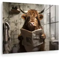MuchoWow Glasschilderij 160x120 cm - Schilderij acrylglas - Schotse hooglander - Toilet - Krant - Badkamer - Foto op glas - Muurdecoratie woonkamer - Wanddecoratie slaapkamer - Schilderijen