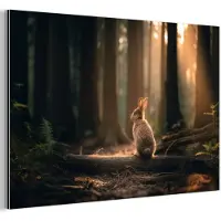 MuchoWow Aluminium schilderij 120x80 cm - Wanddecoratie metaal - Konijn - Bos - Zonnestralen - Metalen muurdecoratie woonkamer - Decoratie industrieel - Foto op dibond - Industriële accessoires slaapkamer