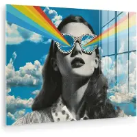 MuchoWow Glasschilderij 40x30 cm - Schilderij acrylglas - Vrouw - Bril - Regenboog - Wolken - Foto op glas - Muurdecoratie woonkamer - Wanddecoratie slaapkamer - Schilderijen