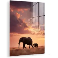 MuchoWow Glasschilderij 90x120 cm - Schilderij acrylglas - Olifanten - Grasland - Zonsondergang - Foto op glas - Muurdecoratie woonkamer - Wanddecoratie slaapkamer - Schilderijen