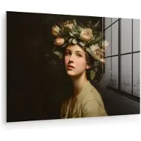 MuchoWow Glasschilderij 180x120 cm - Schilderij acrylglas - Bloemenstilte - Vrouw - Portret - Foto op glas - Muurdecoratie woonkamer - Wanddecoratie slaapkamer - Schilderijen