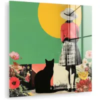 MuchoWow Glasschilderij 20x20 cm - Schilderij acrylglas - Retro - Meisje - Kat - Zon - Foto op glas - Muurdecoratie woonkamer - Wanddecoratie slaapkamer - Schilderijen