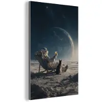 MuchoWow Aluminium schilderij 60x90 cm - Wanddecoratie metaal - Maan - Kat - Astronaut - Ruimte - Metalen muurdecoratie woonkamer - Decoratie industrieel - Foto op dibond - Industriële accessoires slaapkamer