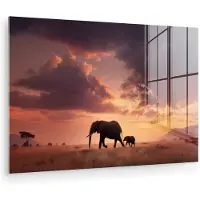 MuchoWow Glasschilderij 150x100 cm - Schilderij acrylglas - Olifanten - Grasland - Zonsondergang - Foto op glas - Muurdecoratie woonkamer - Wanddecoratie slaapkamer - Schilderijen