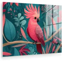 MuchoWow Glasschilderij 160x120 cm - Schilderij acrylglas - Kaketoe - Tropische bladeren - Tak - Foto op glas - Muurdecoratie woonkamer - Wanddecoratie slaapkamer - Schilderijen