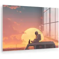MuchoWow Glasschilderij 30x20 cm - Schilderij acrylglas - Busje - Kat - Zonsondergang - Oranje - Foto op glas - Muurdecoratie woonkamer - Wanddecoratie slaapkamer - Schilderijen