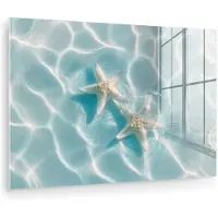MuchoWow Glasschilderij 180x120 cm - Schilderij acrylglas - Zeesterren - Golvend water - Rustgevend - Foto op glas - Muurdecoratie woonkamer - Wanddecoratie slaapkamer - Schilderijen