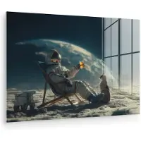 MuchoWow Glasschilderij 150x100 cm - Schilderij acrylglas - Astronaut - Kat - Glas - Stoel - Foto op glas - Muurdecoratie woonkamer - Wanddecoratie slaapkamer - Schilderijen
