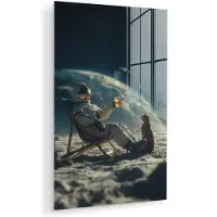 MuchoWow Glasschilderij 120x180 cm - Schilderij acrylglas - Astronaut - Kat - Glas - Stoel - Foto op glas - Muurdecoratie woonkamer - Wanddecoratie slaapkamer - Schilderijen