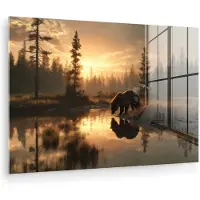 MuchoWow Glasschilderij 60x40 cm - Schilderij acrylglas - Beer - water - Bos - Ochtendlicht - Foto op glas - Muurdecoratie woonkamer - Wanddecoratie slaapkamer - Schilderijen