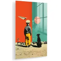 MuchoWow Glasschilderij 60x90 cm - Schilderij acrylglas - Retro - Jongen - Hond - Rood - Groen - Foto op glas - Muurdecoratie woonkamer - Wanddecoratie slaapkamer - Schilderijen
