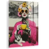 MuchoWow Glasschilderij 90x120 cm - Schilderij acrylglas - Vrouw - Kat - Bloemen - Kopje - Retro - Foto op glas - Muurdecoratie woonkamer - Wanddecoratie slaapkamer - Schilderijen