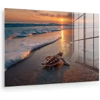 MuchoWow Glasschilderij 60x40 cm - Schilderij acrylglas - Schildpad - strand - Zonsondergang - Foto op glas - Muurdecoratie woonkamer - Wanddecoratie slaapkamer - Schilderijen