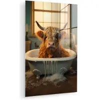 MuchoWow Glasschilderij 60x90 cm - Schilderij acrylglas - Schotse hooglander - Bad - Badkamer - Foto op glas - Muurdecoratie woonkamer - Wanddecoratie slaapkamer - Schilderijen
