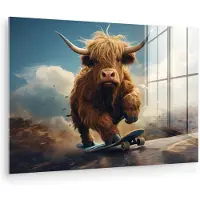 MuchoWow Glasschilderij 120x80 cm - Schilderij acrylglas - Schotse hooglander - Hoorns - Skateboard - Foto op glas - Muurdecoratie woonkamer - Wanddecoratie slaapkamer - Schilderijen